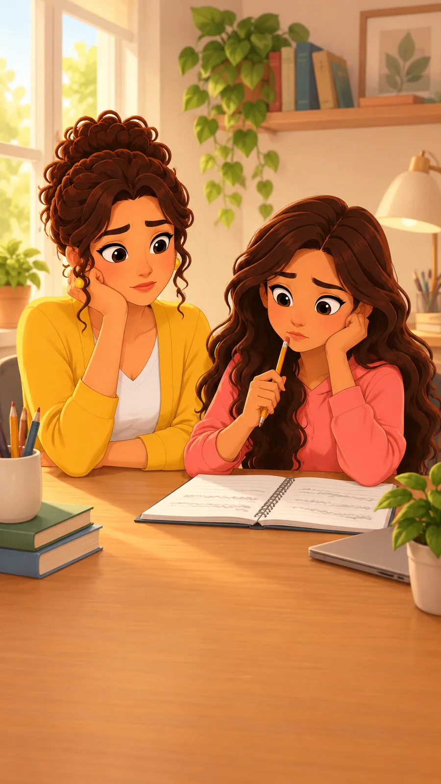 Une mère accompagne sa fille aux devoirs, illustration de l’univers Lienéo