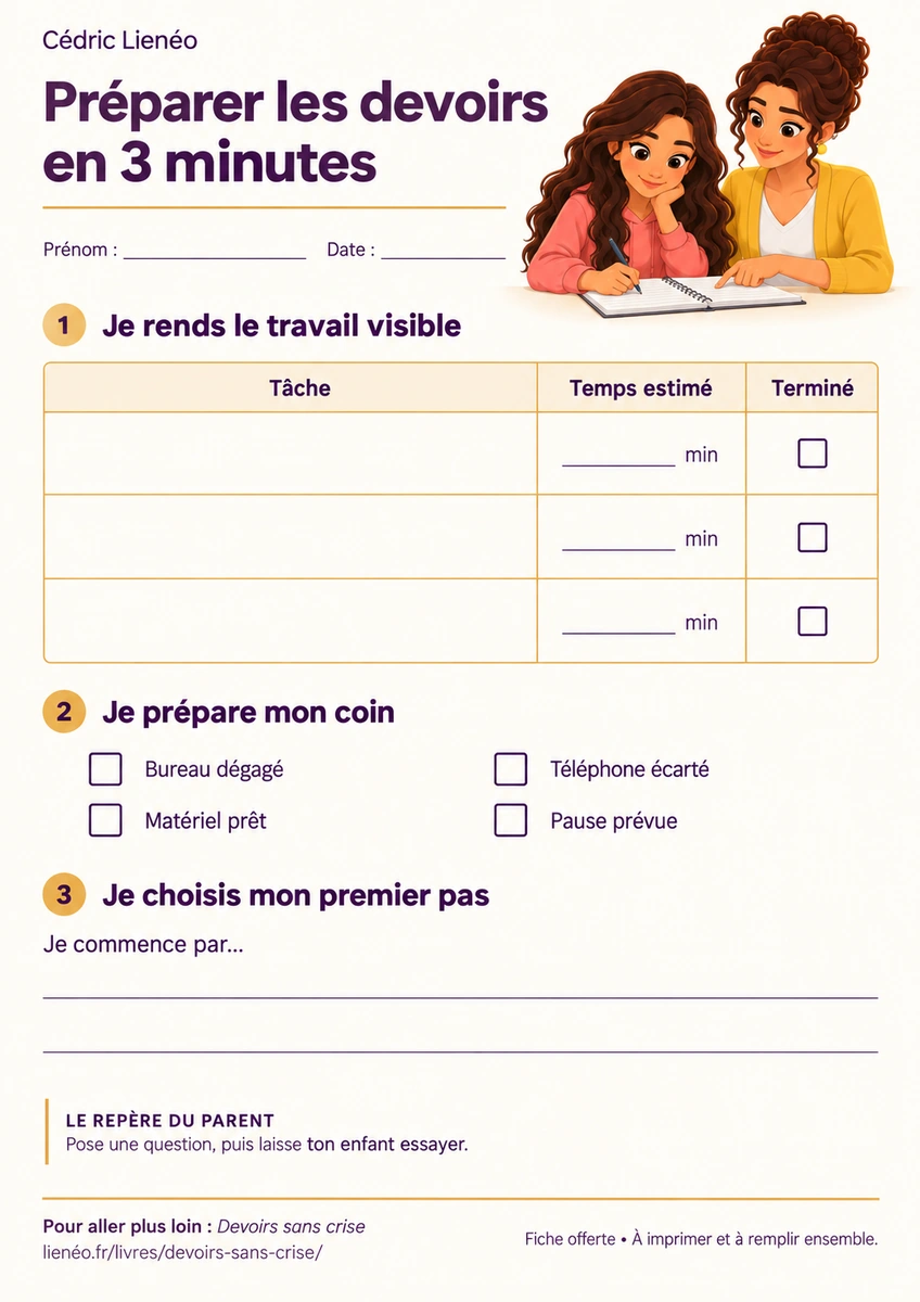La vraie fiche de préparation des devoirs, illustrée avec les personnages Lienéo